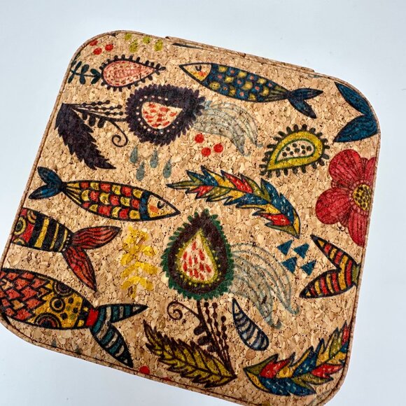 Colorful Cork Travel Jewelry Box – Fish & Floral Print - Picture 2 of 8